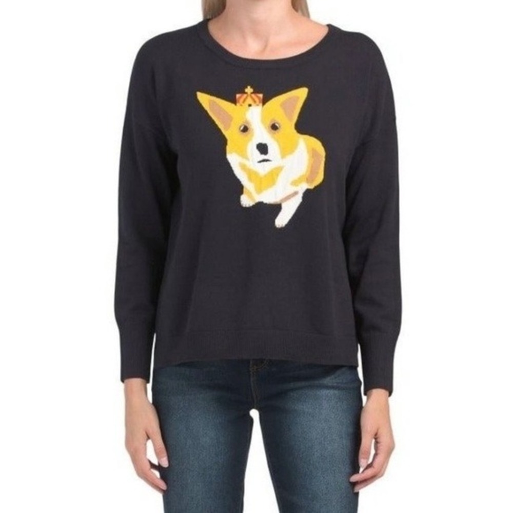 French Connection Corgi Crown Navy Blue Cotton Knit Sweater Large dog puppy pop